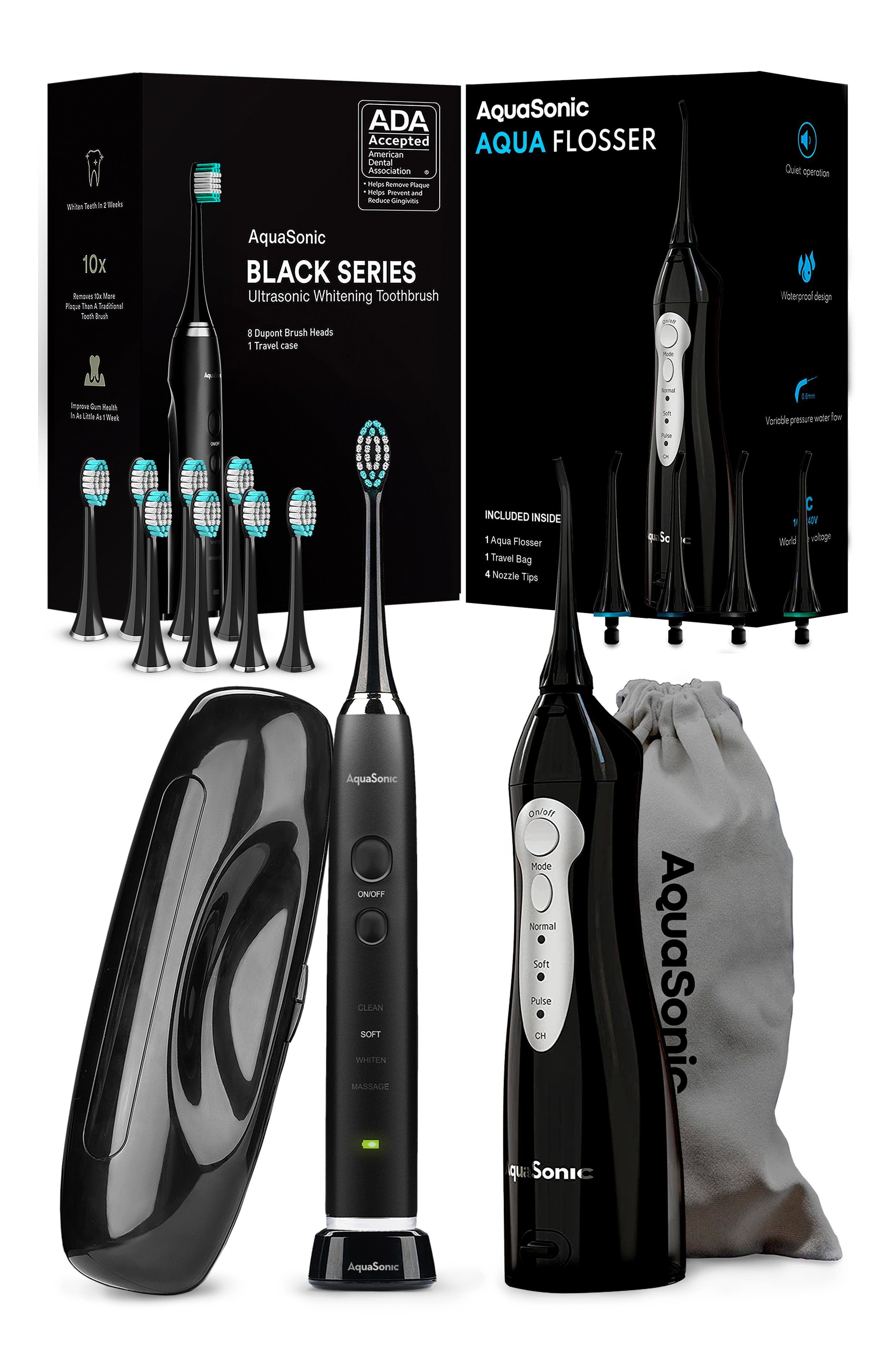 AQUASONIC Black Series Toothbrush & Black Aquaflosser Bundle