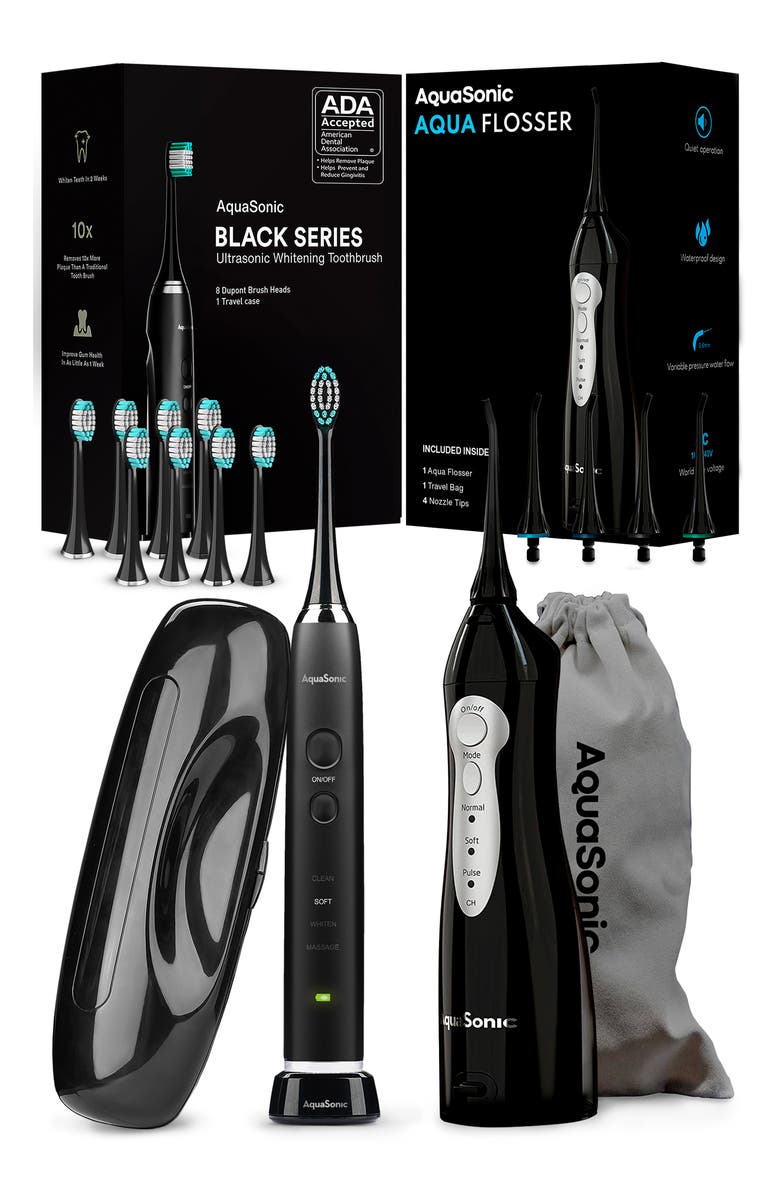 AQUASONIC Black Series Toothbrush & Black Aquaflosser Bundle, Main, color, Black