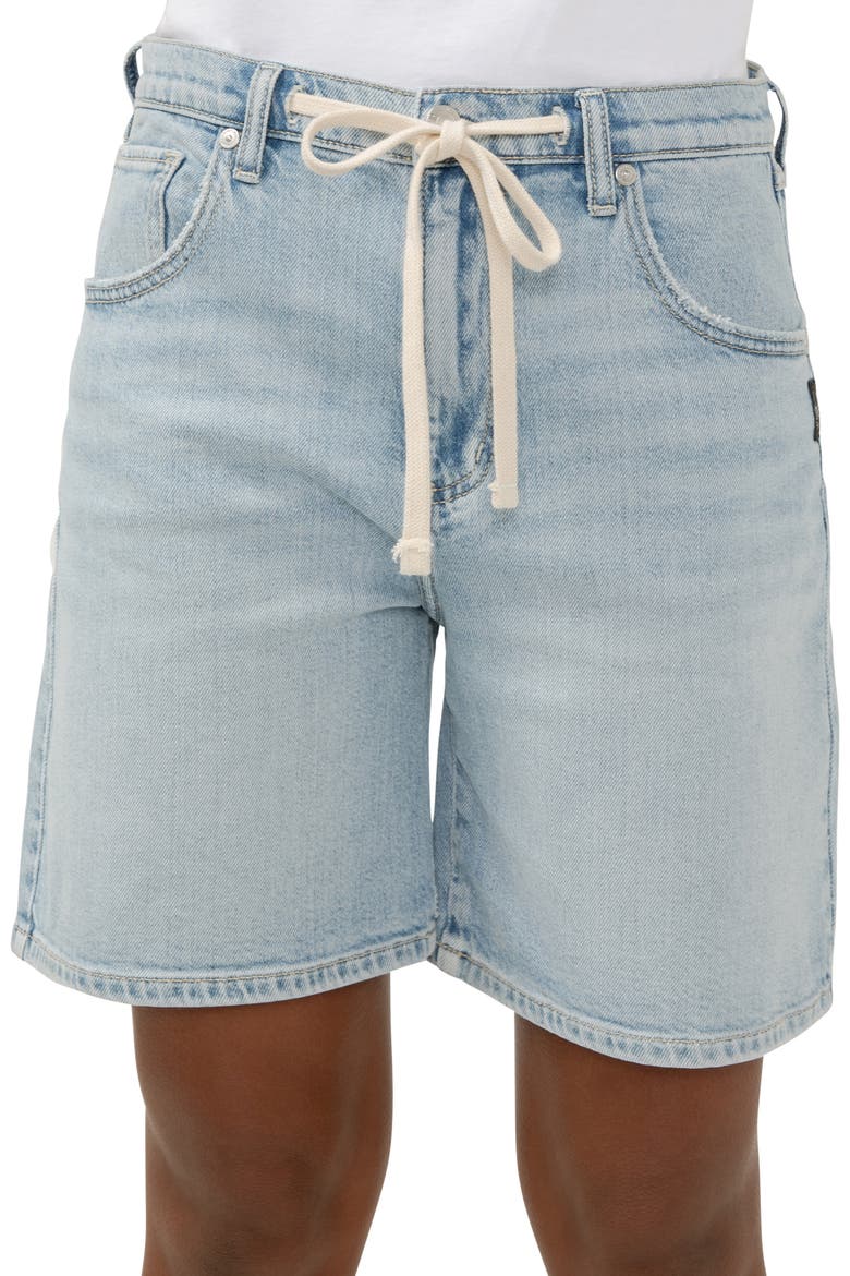 Be Easy Drawstring High Waist Long Denim Shorts, Alternate, color, INDIGO