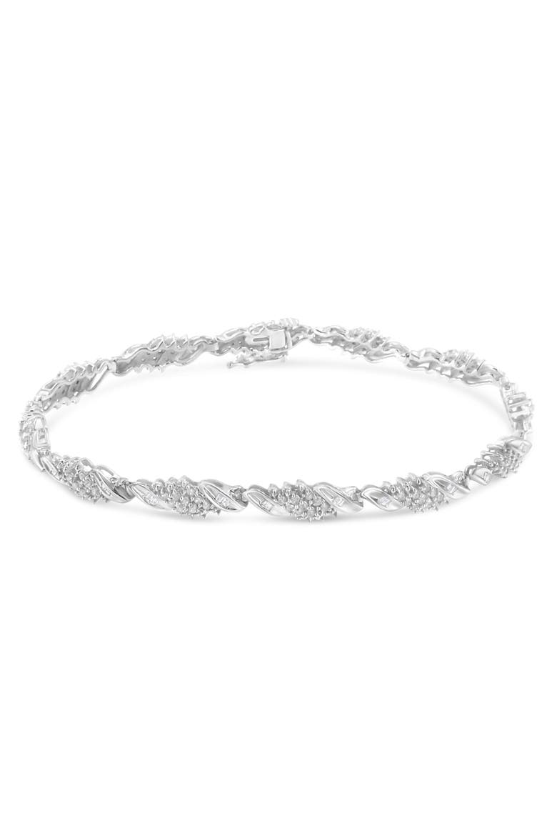 Silver 1-1/2 Cttw Round and Baguette Cut Diamond Wave Link Bracelet, Alternate, color, White