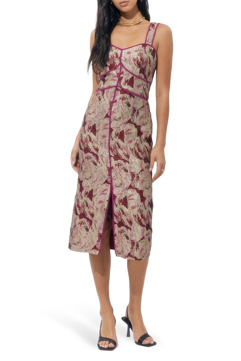Ella Jacquard Midi Dress, Main, color, BURGUNDY/ GOLD