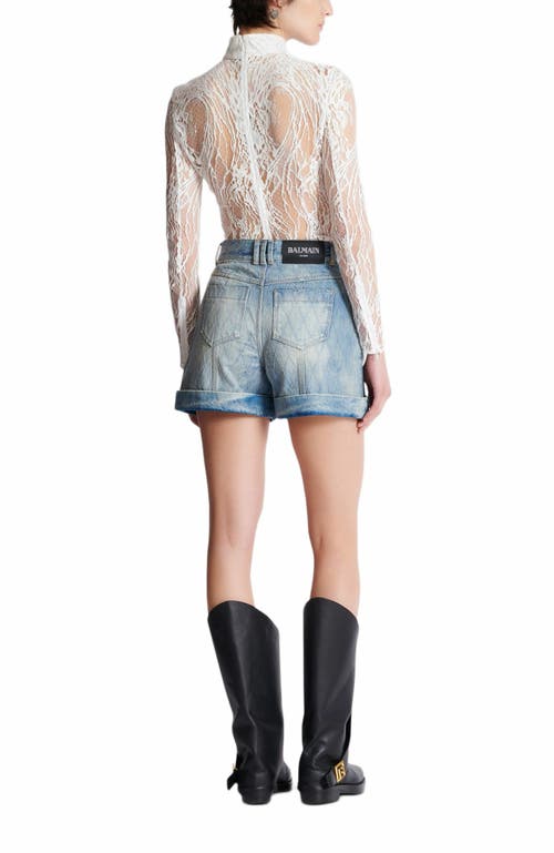 Balmain Short Diamond Denim Shorts In Blue