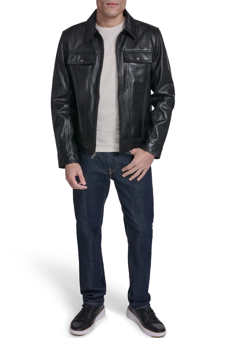 Leather Trucker Jacket, Alternate, color, BLACK