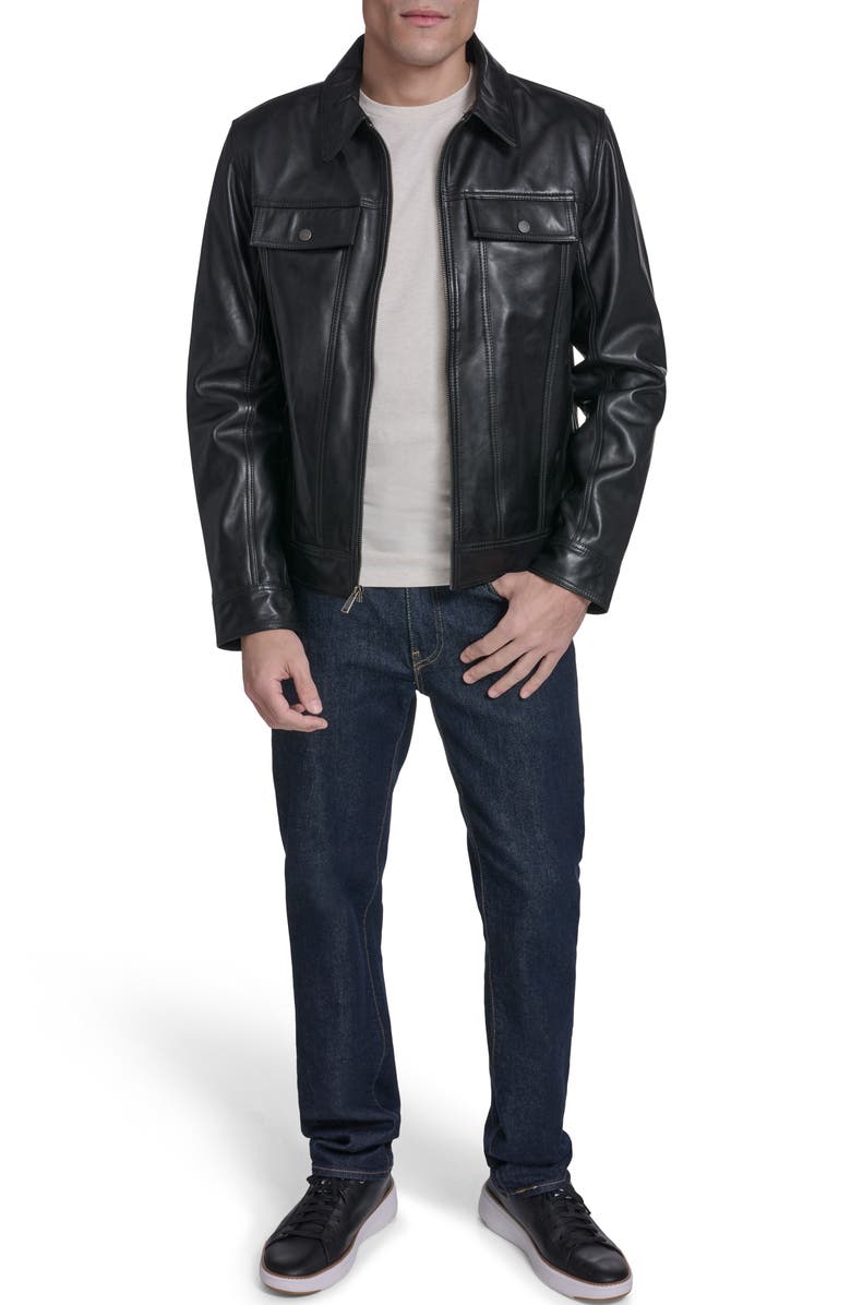Cole Haan Leather Trucker Jacket, Alternate, color, Black