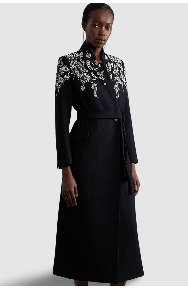 Karen Millen Tailored Wool Double Breasted Midi Coat, Main, color, Black