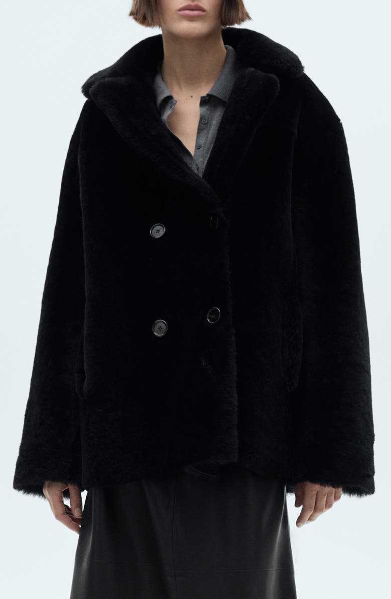 MANGO Faux Fur Collar Double Breasted Leather Jacket, Main, color, 