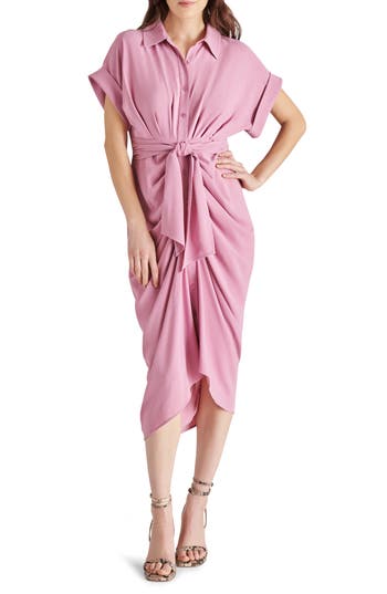 Steve Madden Tori Belted Ruched Slub Midi Shirtdress
