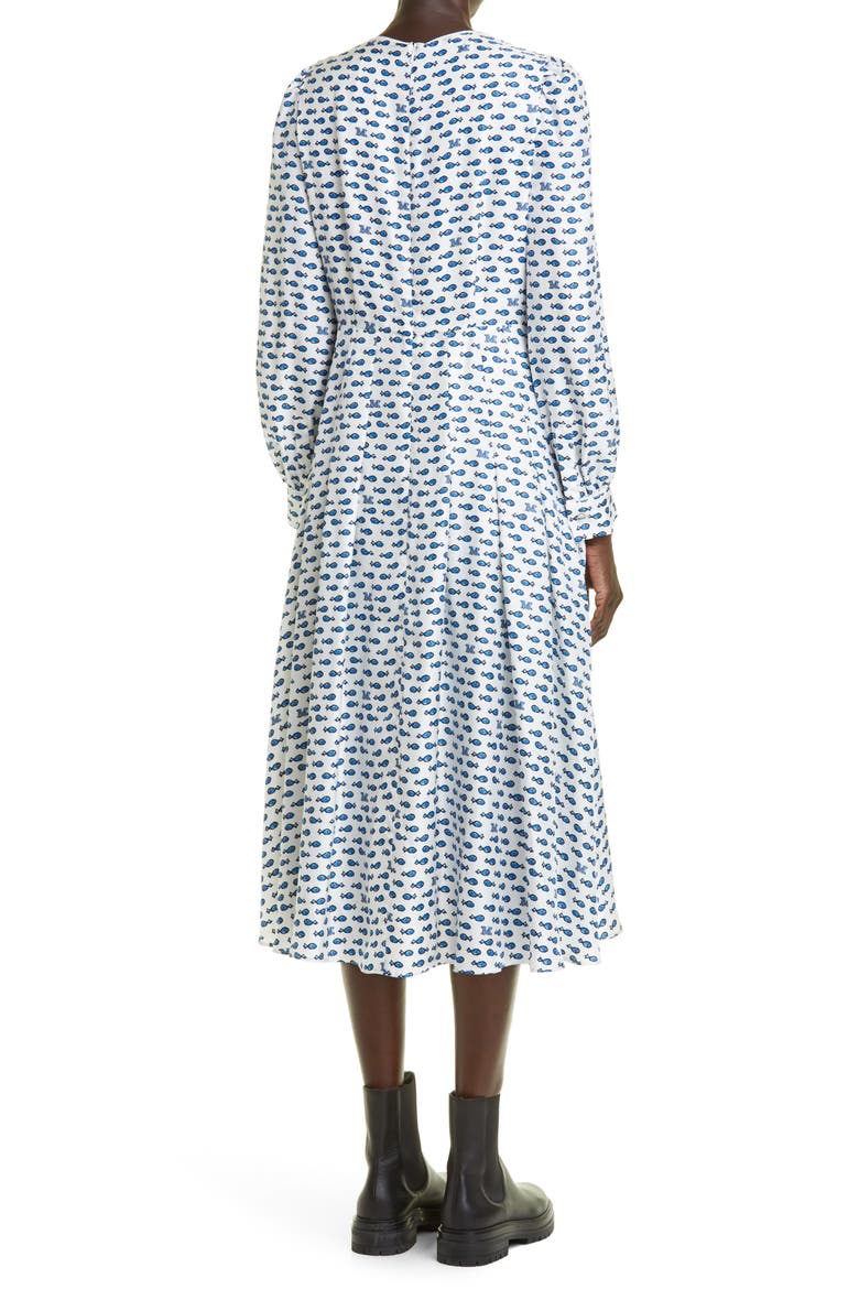 Pareo Fish Print Long Sleeve Silk Fit & Flare Dress, Alternate, color, OPTICAL WHITE