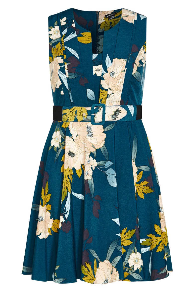 Alessia Floral Pleated Fit & Flare Dress, Alternate, color, TEAL BOLD BLOOM