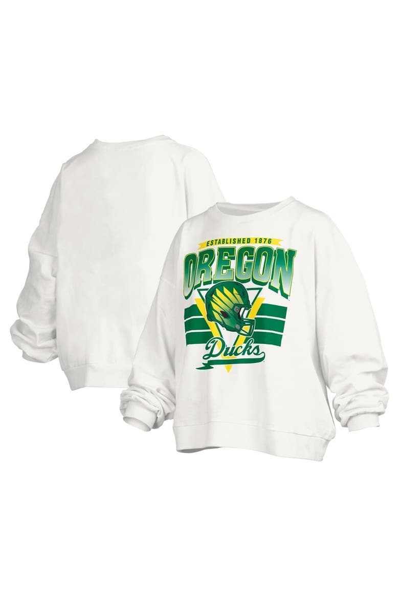 Women's Pressbox White Oregon Ducks Janice Retro Logo Oversized Pullover Sweatshirt, Main, color, White
