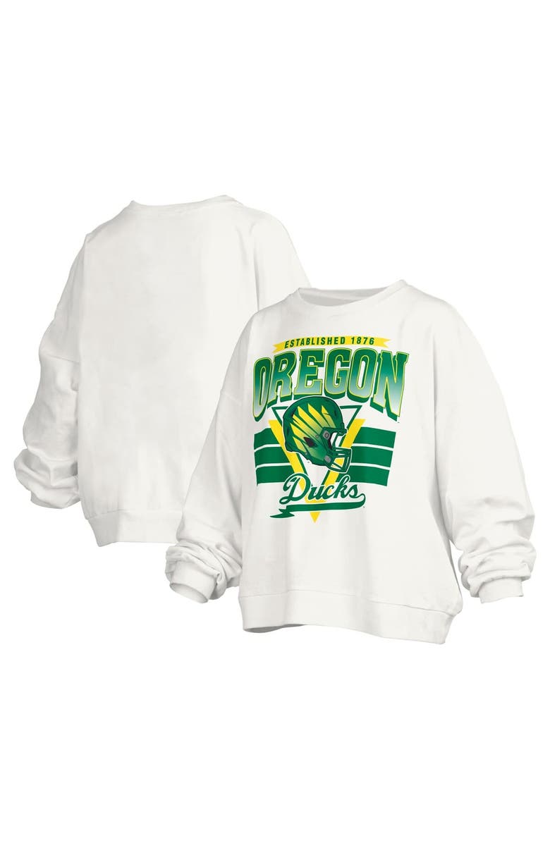 PRESSBOX Women
s Pressbox White Oregon Ducks Janice Retro Logo Oversized Pullover Sweatshirt, Main, color, White