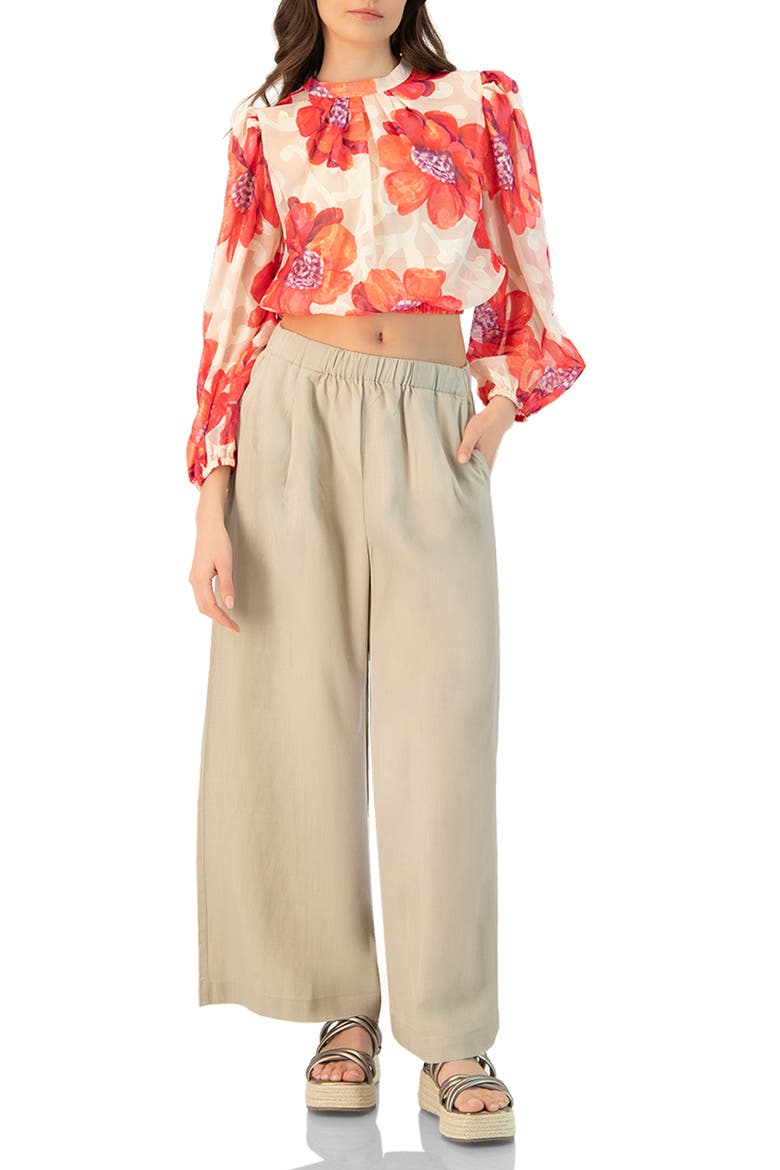 Shimmering Printed Blouse with Pleated Round Neck, Alternate, color, Ivory