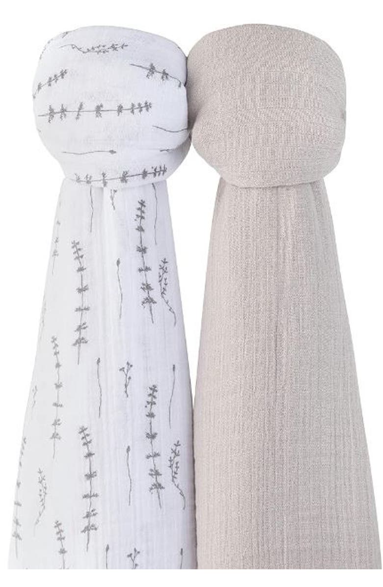 Ely's & Co. Cotton Muslin Swaddle Blanket 2 Pack, Alternate, color, Grey Leaves/ Solid Pebble Grey