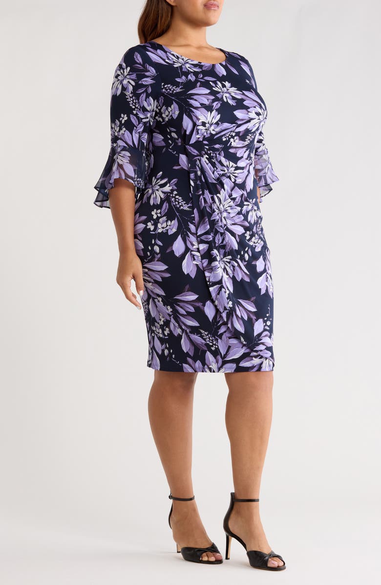 Connected Apparel Bell Sleeve Faux Wrap Dress, Alternate, color, Lilac