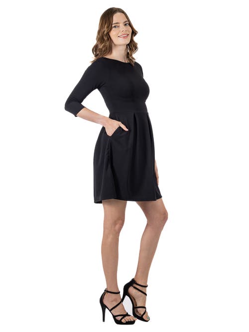 24seven Comfort Apparel Three Quarter Sleeve Fit And Flare Mini Dress In Black