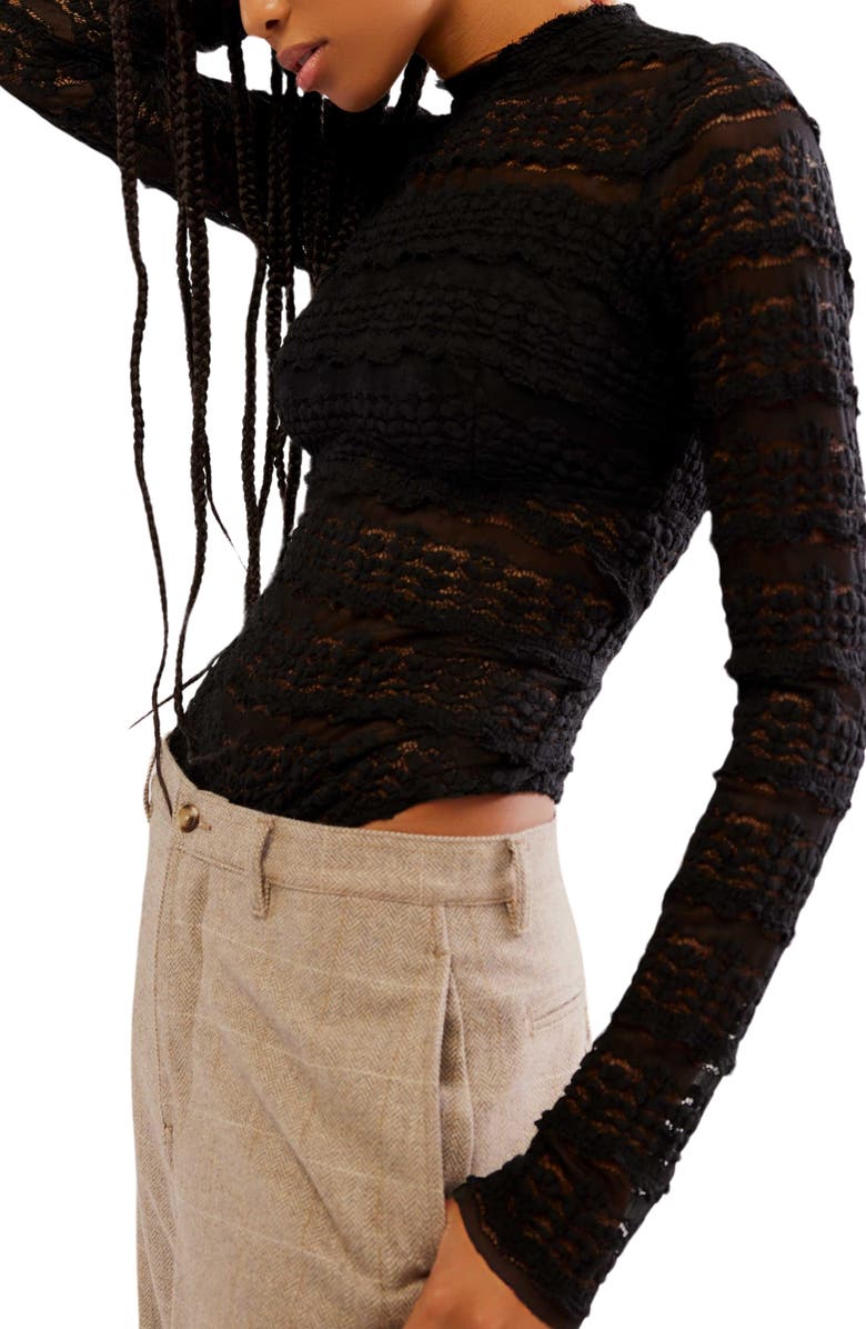 Free People Angelina Floral Lace Detail Bodysuit, Main, color, Black