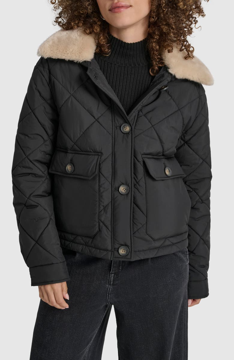 DKNY Crop Quilted Jacket with Faux Fur Trim, Main, color, 