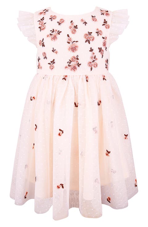 Embroidered Flutter Sleeve Mesh Dress