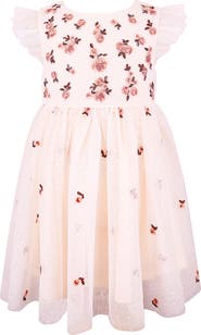 Zunie Embroidered Flutter Sleeve Mesh Dress