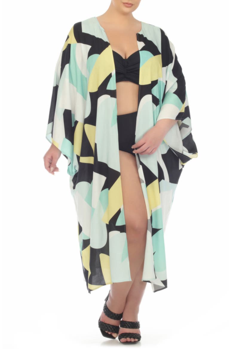Abstract Print Ruana, Alternate, color, AQUA/ YELLOW
