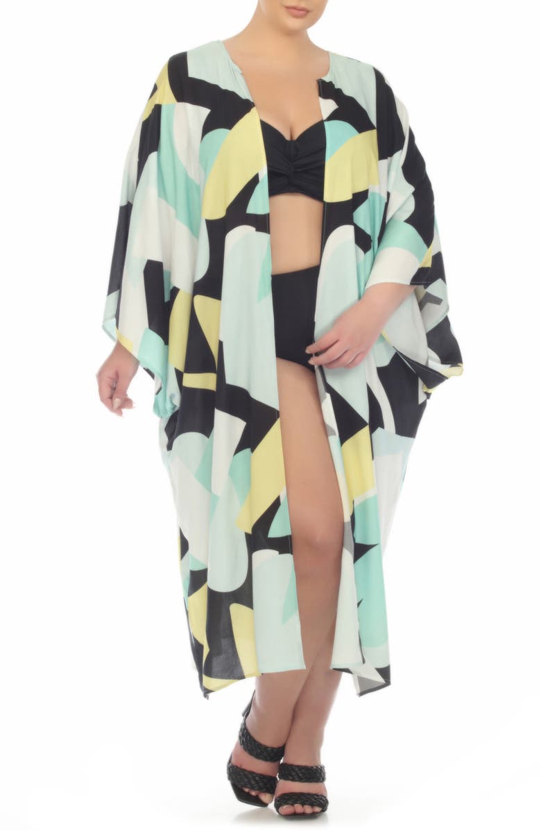BOHO ME Abstract Print Ruana, Alternate, color, Aqua/ Yellow