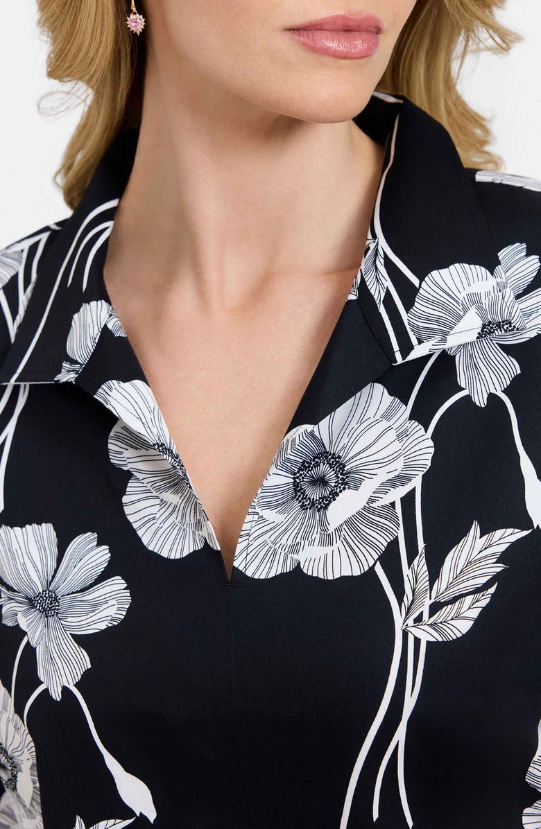Foxcroft Agnes Poppy Print Three-Quarter Sleeve Popover Top, Alternate, color, Black/ White