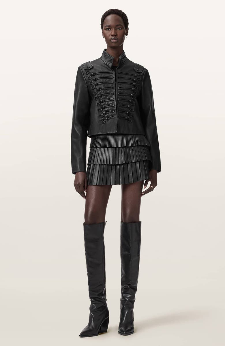 AllSaints Nara Pleated Leather Miniskirt, Alternate, color, Black