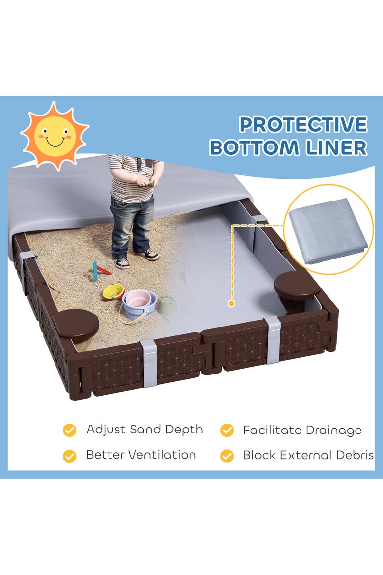 Kids Sandbox with Cover, Built-in Seating & Bottom Liner, Alternate, color, Brown