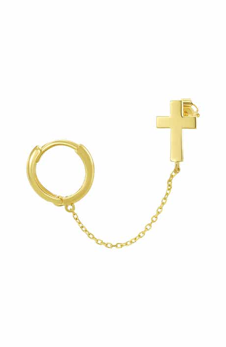 14k Gold Cross Huggie Hoop Chain Single Earring