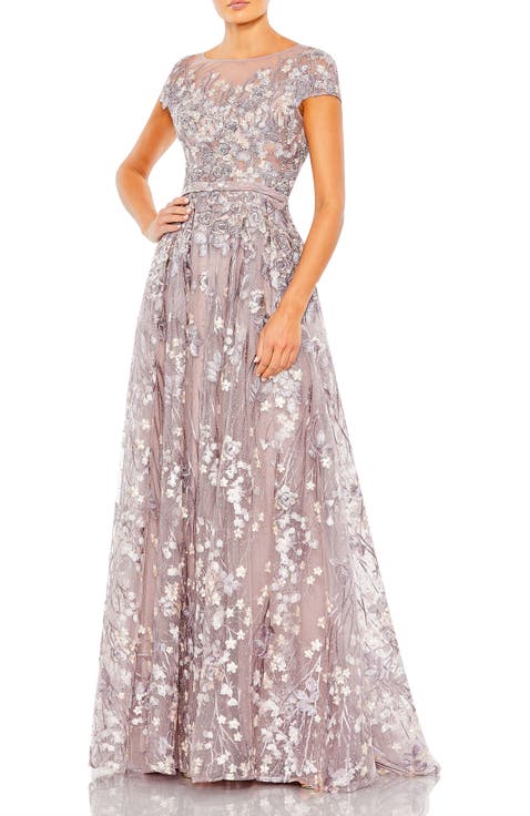 Embellished Floral Cap Sleeve A Line Gown