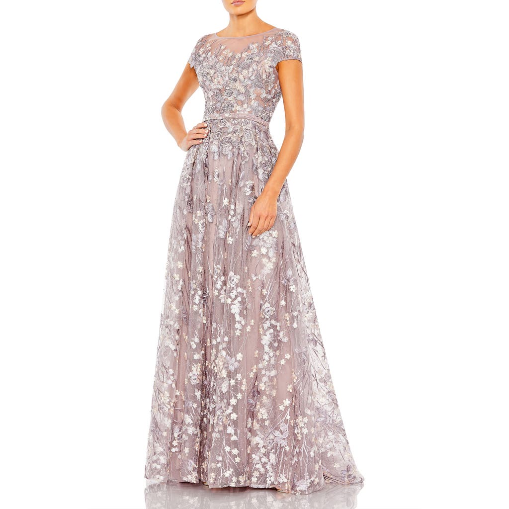 Mac Duggal Embellished Floral Cap Sleeve A Line Gown In Lilac
