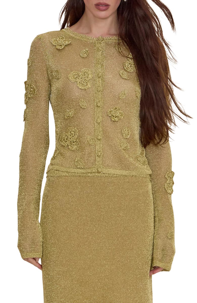 Cult Gaia Kash Sheer Floral Cardigan, Main, color, Gold
