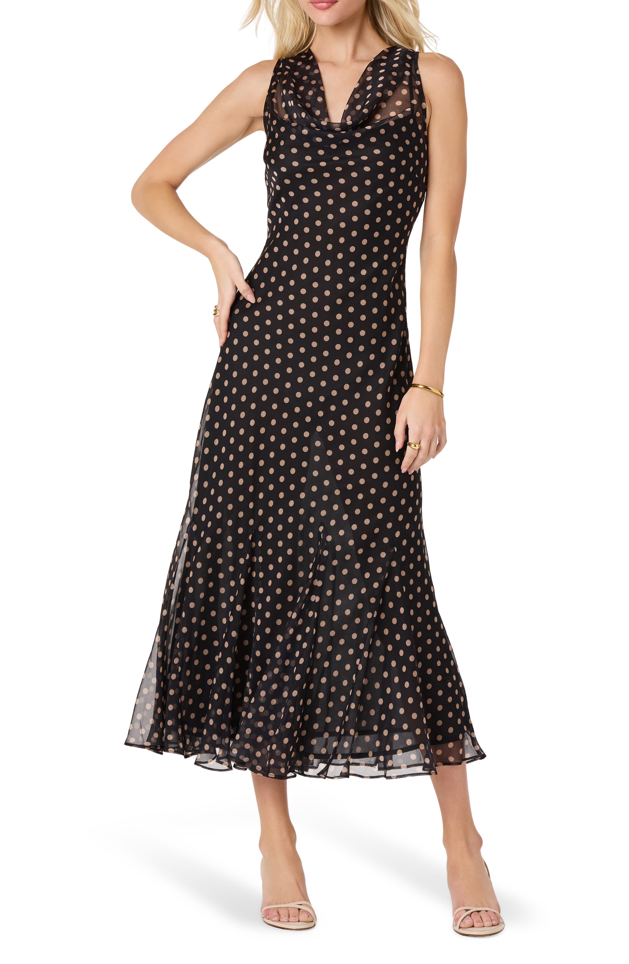 Donabelle Polkadot Cowl Neck Midi Dress