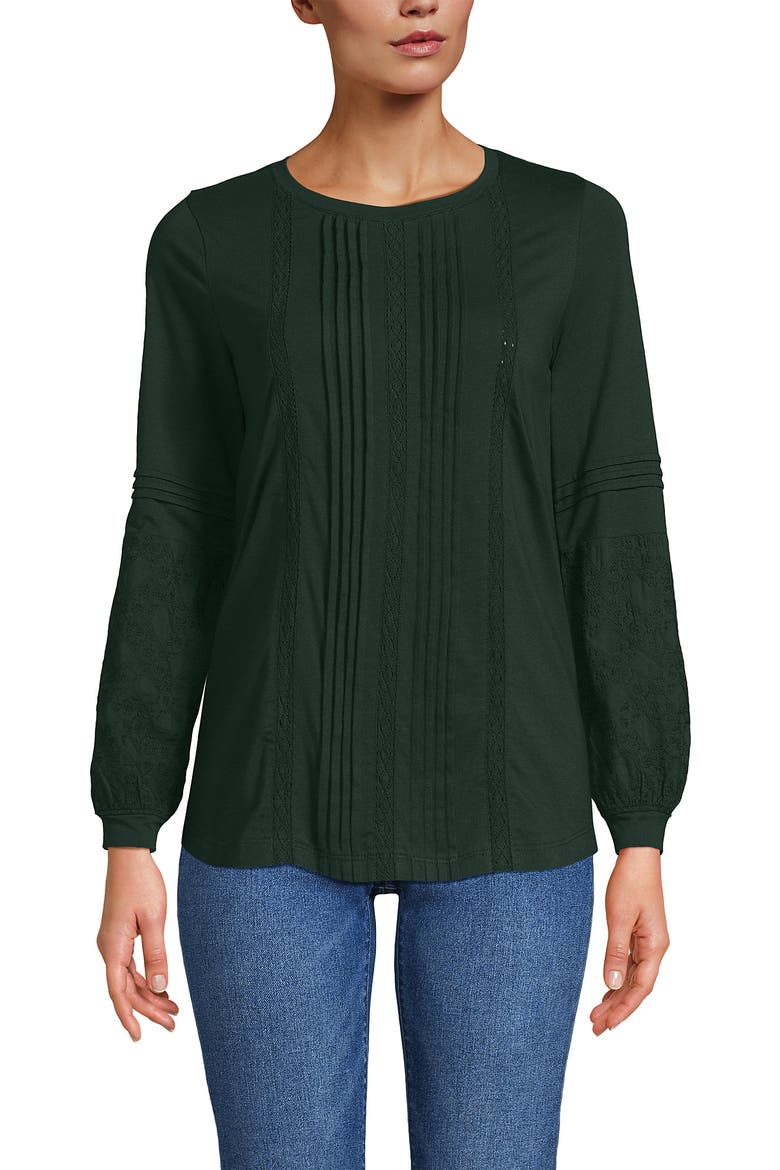 Lightweight Jersey Lace Mix Long Sleeve Pintuck Top, Main, color, Pine Valley