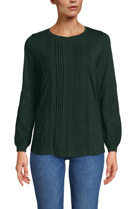 Lightweight Jersey Lace Mix Long Sleeve Pintuck Top