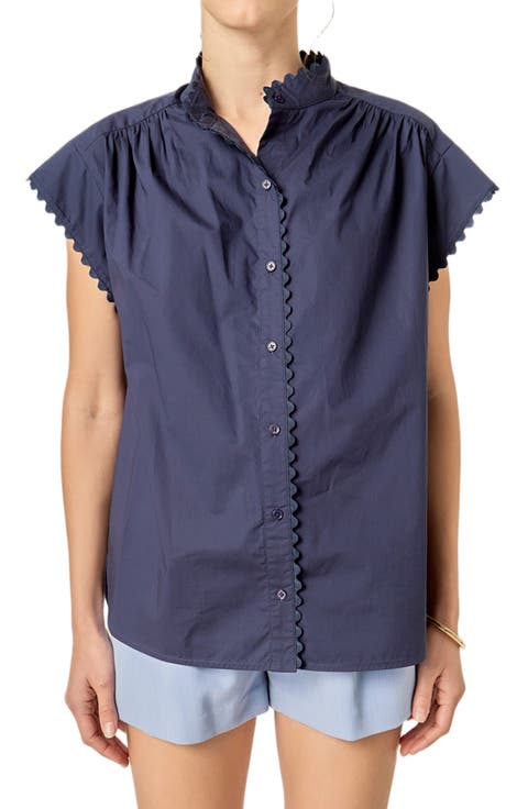 Rickrack Trim Button-Up Cotton Shirt