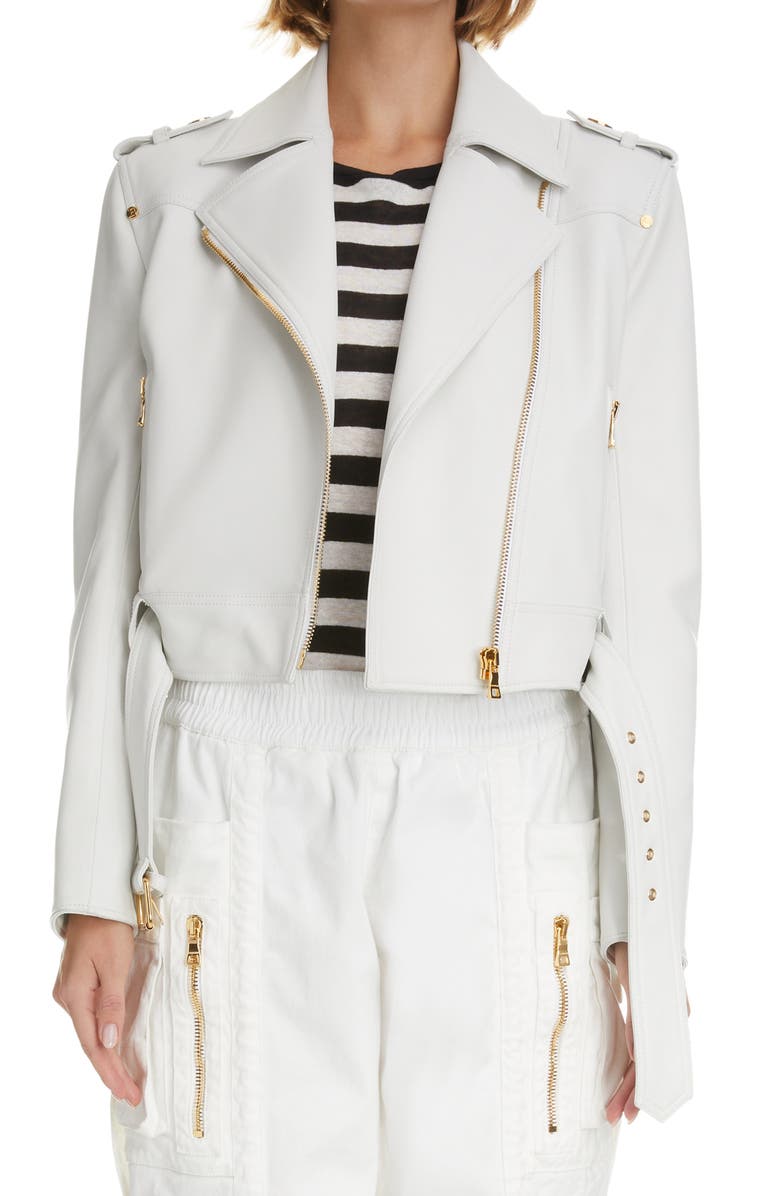 Balmain Belted Leather Biker Jacket, Main, color,