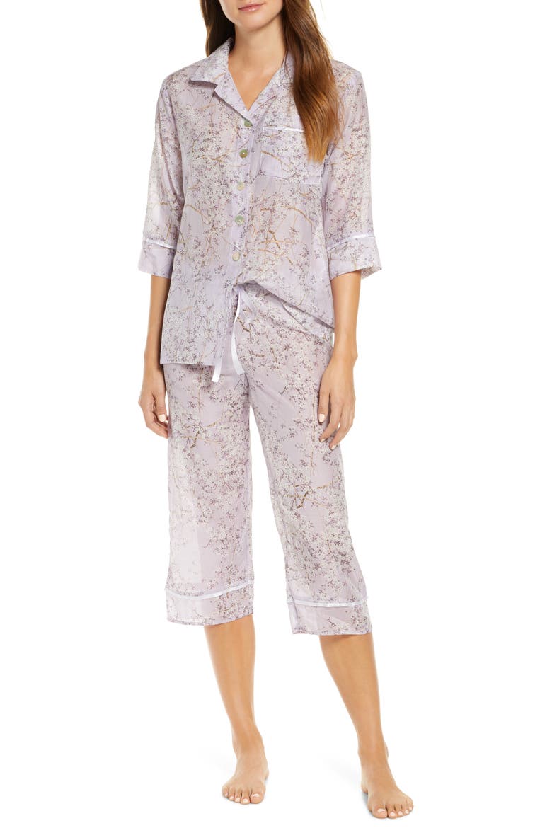Cherry Blossom Cotton & Silk Crop Pajamas, Main, color, LILAC