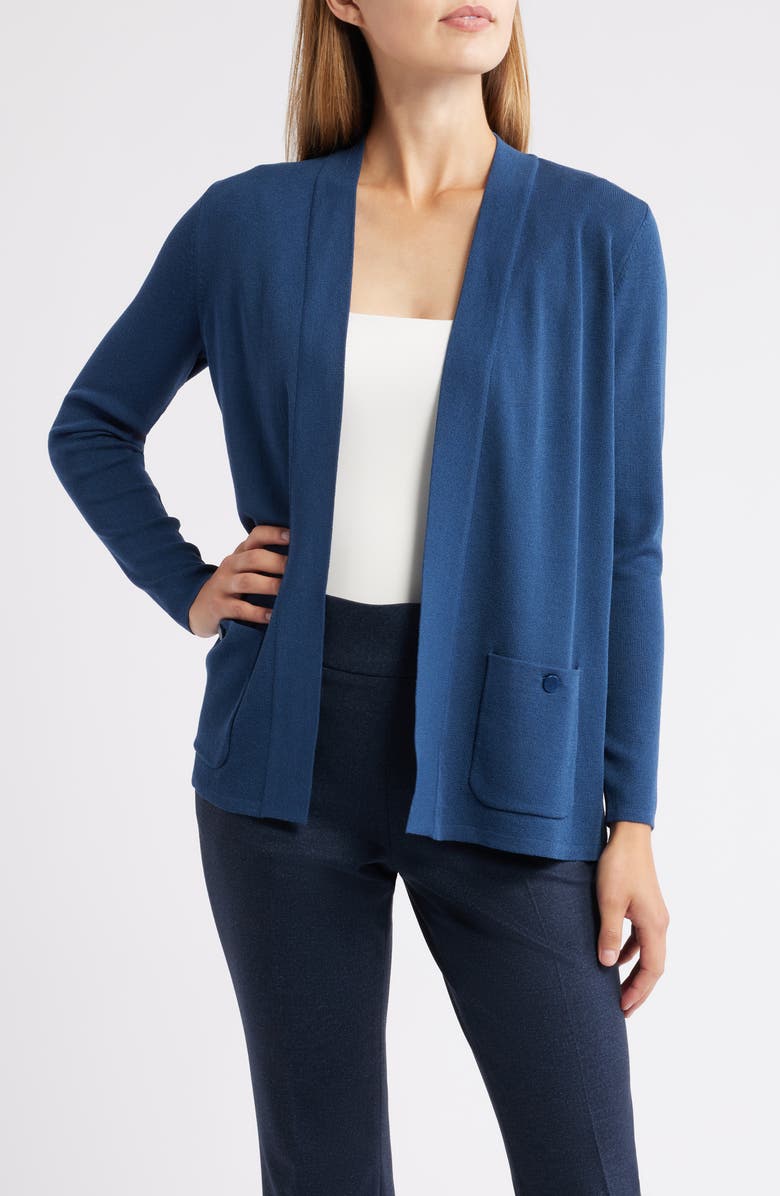 Anne Klein Malibu Open Front Cardigan, Main, color, Blue Carbon
