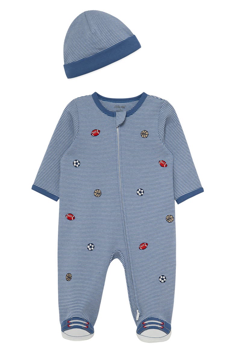 Sports Stripe Cotton Footie & Hat Set (Nordstrom Exclusive), Main, color, BLUE