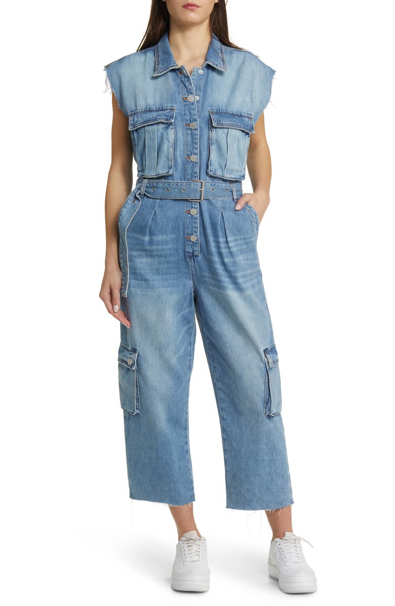 BLANKNYC Sleeveless Denim Cargo Jumpsuit, Main, color, 