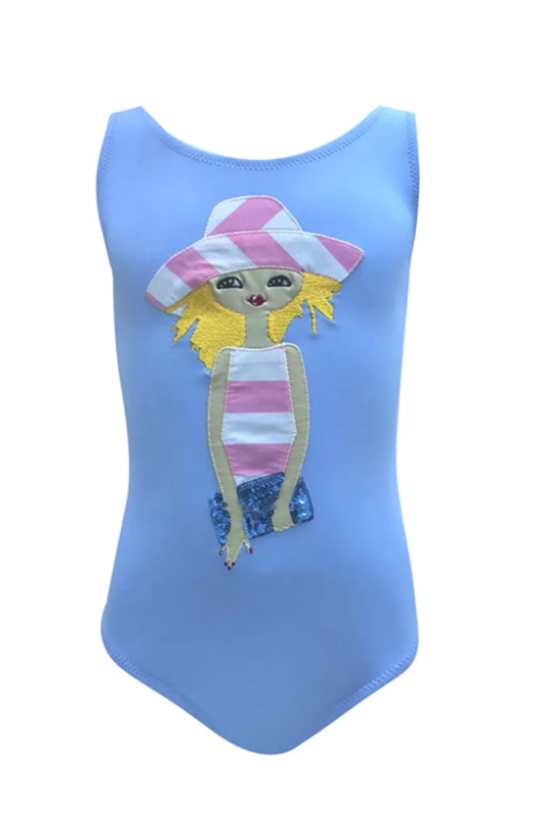 NESSI BYRD Whimsical Fashion Girl Appliqué One-Piece Swimsuit, Toddler, Little Kid & Big Kid, Main, color, Blue