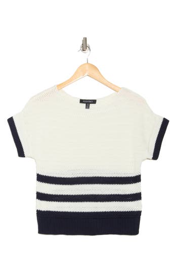 Ellen Tracy Dolman-sleeve Open-stitch Striped Sweater In Marshmallow/navy
