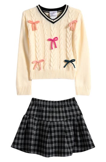 Iris & Ivy Kids' Bow Sweater & Skirt Set In Neutral