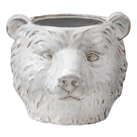 Ceramic Bear Planter White Garden Pot for Indoor Outdoor Use