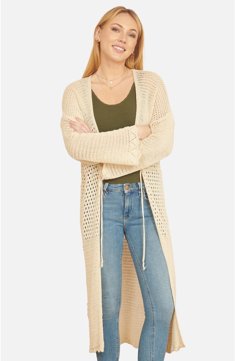Yumi Crochet Long Line Cardigan, Alternate, color, Beige