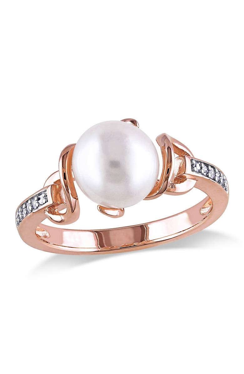 DELMAR Rose Gold-Tone Sterling Silver 8mm White Cultured Freshwater Pearl and Diamond Twist Ring - 0.06 ctw, Main, color,
