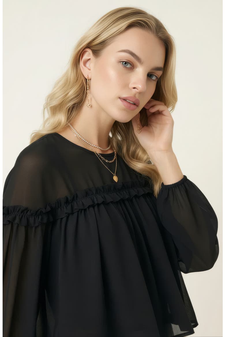 Sheer Long Sleeve Blouse with Ruffled Trim and Flowing Silhouette, Alternate, color, Black
