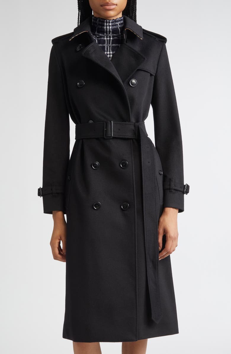 Burberry Kensington Belted Waterproof Cashmere Trench Coat, Main, color, Black