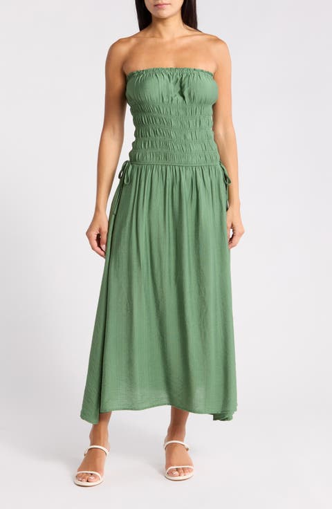 Strapless Satin Midi Dress